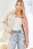 PLUS MAUVE/CREAM SHACKET styled with a tank top and distressed jeans, perfect for trendy coastal style in Port Aransas.