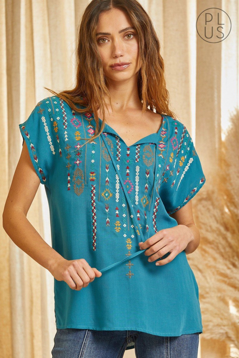 PLUS TEAL EMBROIDERED SAVANNA JANE TOP featuring colorful embroidery, perfect for trendy coastal style from Raggdoll Boutique.