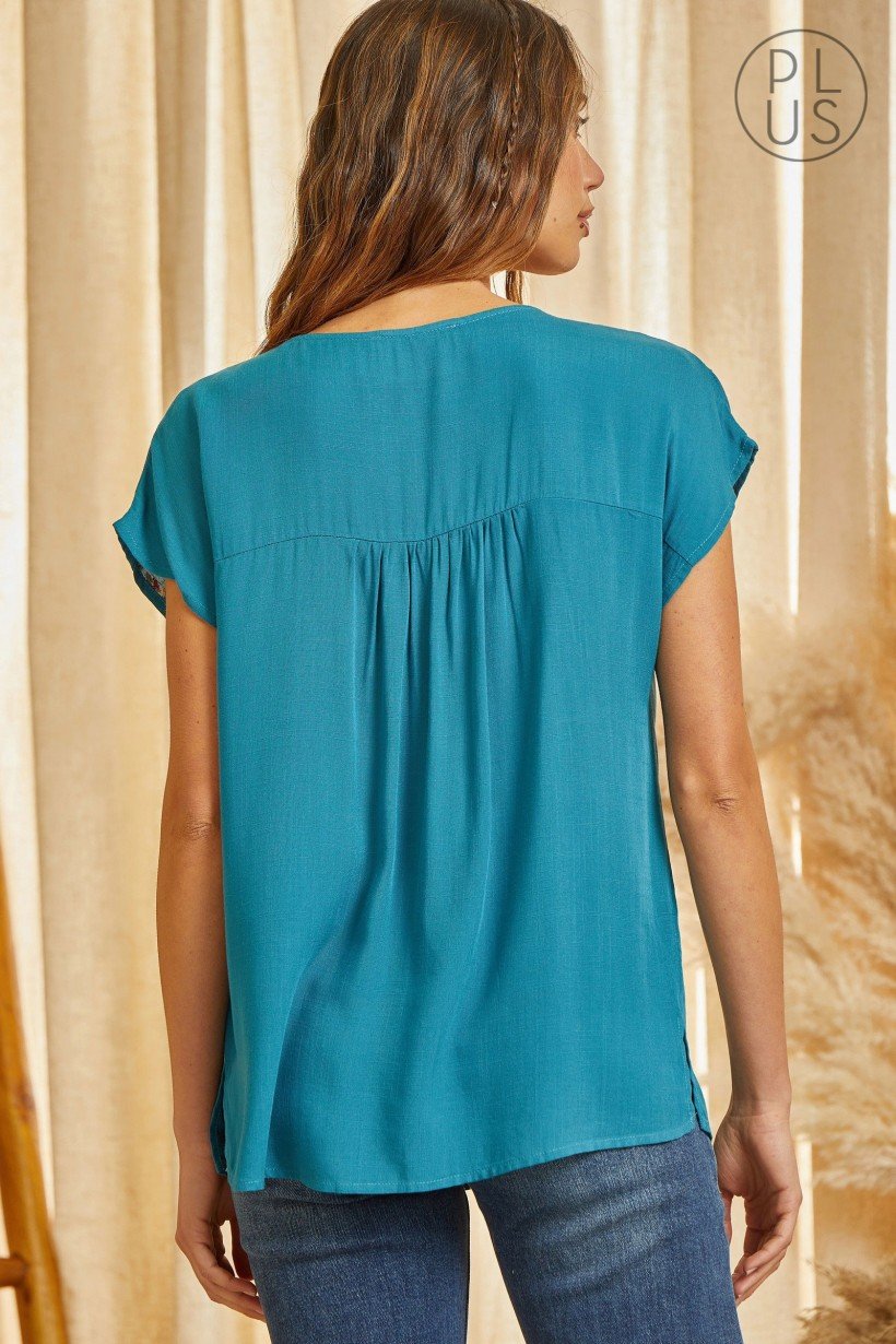 PLUS TEAL EMBROIDERED SAVANNA JANE TOP back view, trendy coastal style from Raggdoll Boutique, ideal for summer outfits Texas.