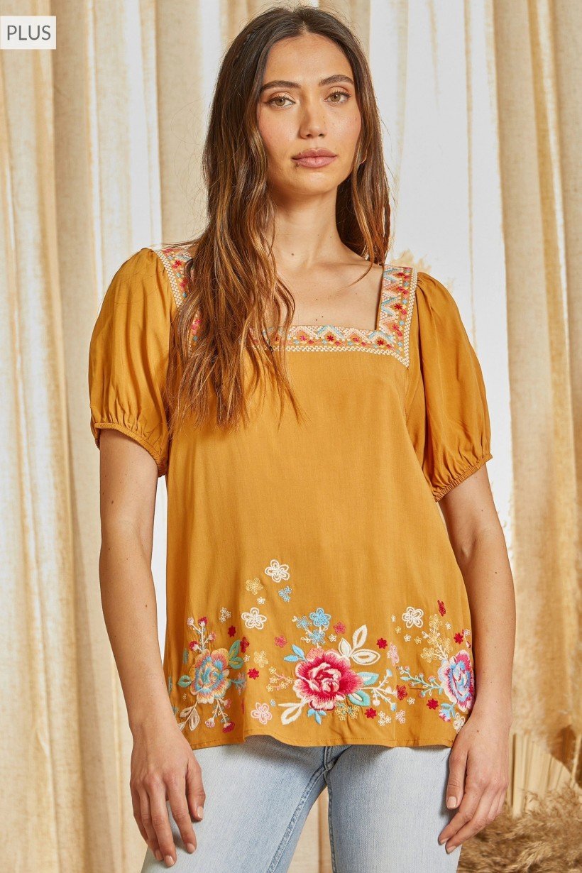 Savanna Jane Marigold Embroidered Top featuring floral embroidery, perfect for summer outfits Texas from Raggdoll Boutique.