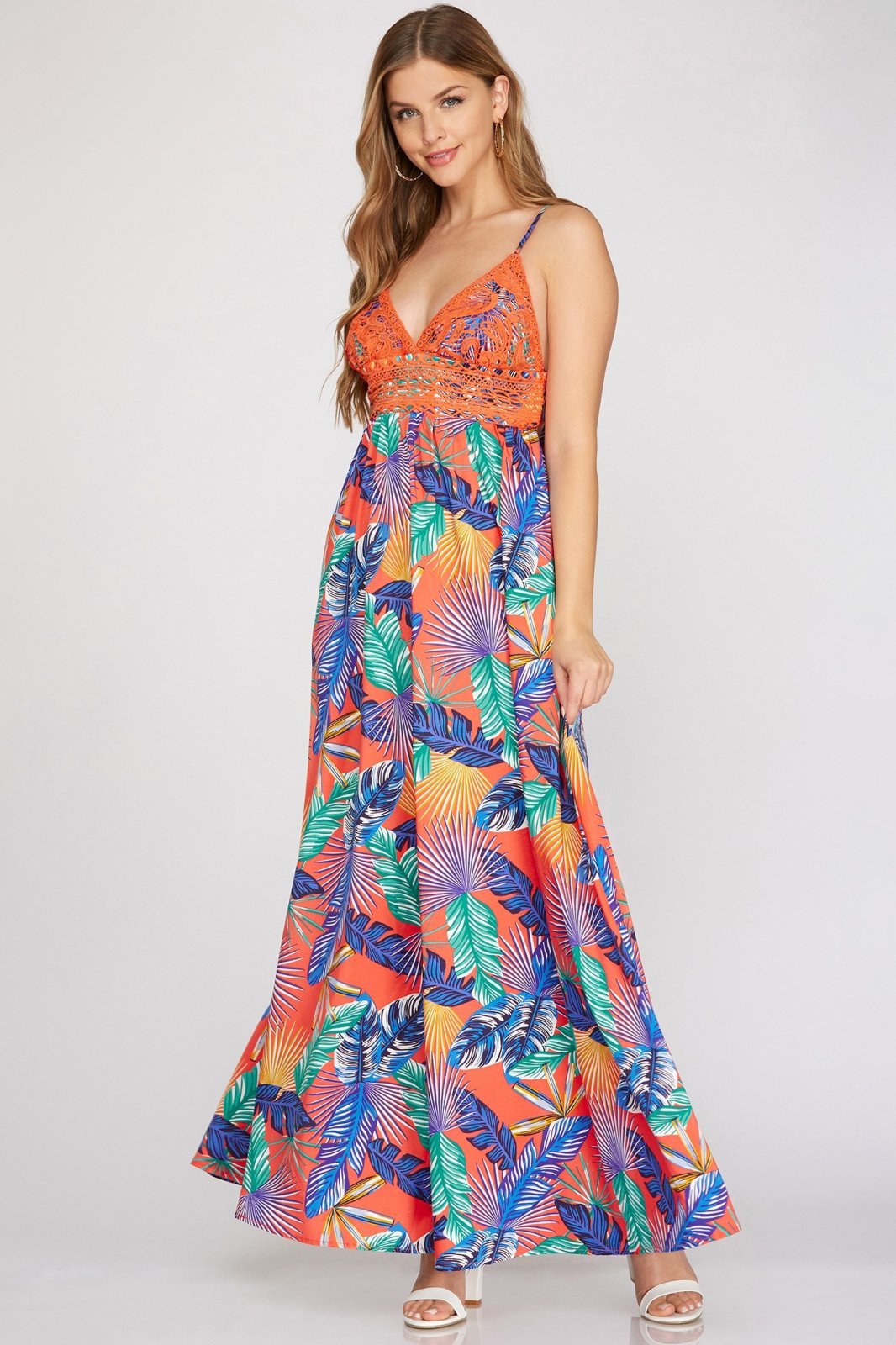 COAST TO COAST MAXI DRESS from Raggdoll Boutique featuring vibrant tropical patterns, perfect for summer outfits in Texas.