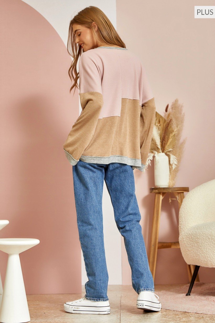 PLUS MAUVE/GREY WAFFLE KNIT TOP from Raggdoll Boutique, a trendy coastal style for vacation wardrobe in Port Aransas.