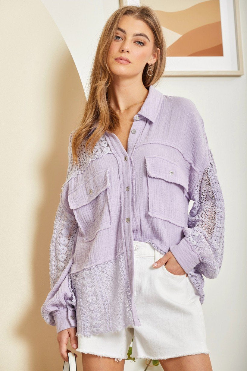Lilac and Lace Top styled for trendy coastal style at Raggdoll Boutique, perfect for summer outfits Texas.