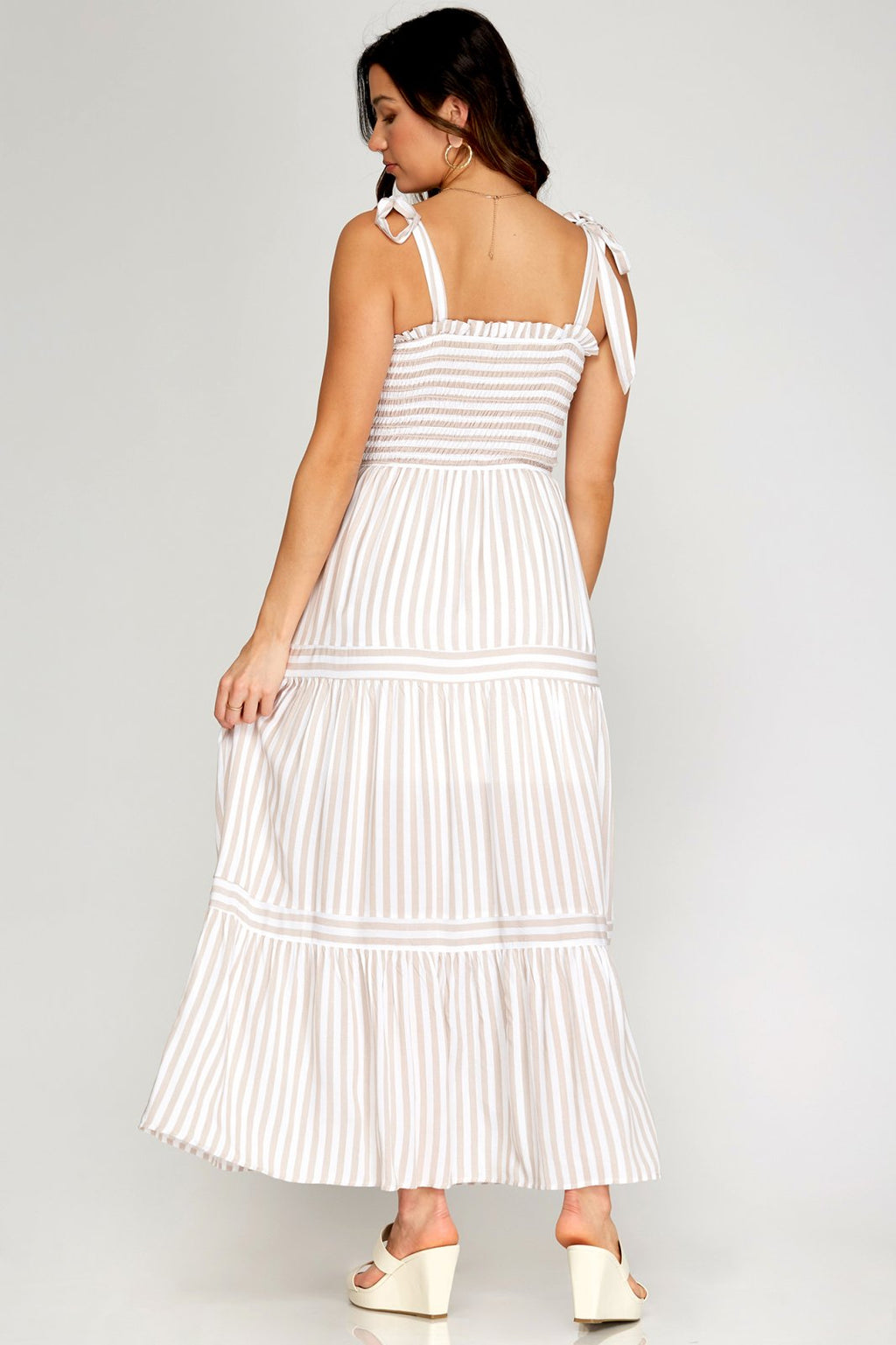 GIVE IT A TWIRL MAXI DRESS, woven striped smocked maxi dress with shoulder ties, Raggdoll Boutique.