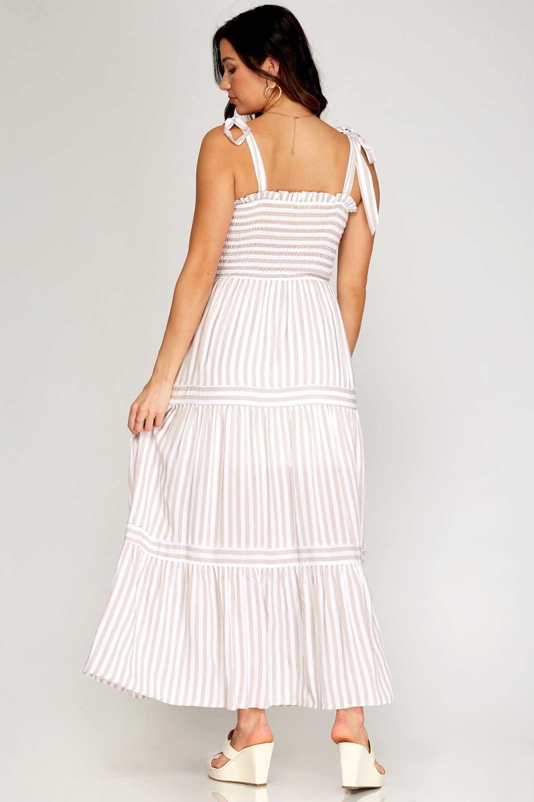 GIVE IT A TWIRL MAXI DRESS, woven striped smocked maxi dress with shoulder ties, Raggdoll Boutique.