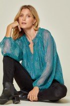 SPARKLES TEAL TOP - Sheer teal top with balloon sleeves, perfect for summer outfits at Raggdoll Boutique.