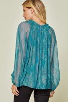 SPARKLES TEAL TOP showcasing a sheer design with balloon sleeves from Raggdoll Boutique, ideal for summer outfits Texas.
