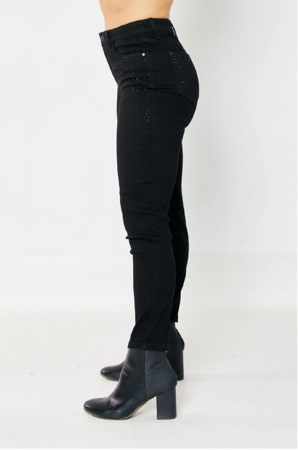 JUDY BLUE HW BLK RHINESTONE EMBELLISHED JEANS showcased in a side view, perfect for trendy coastal style at Raggdoll Boutique.