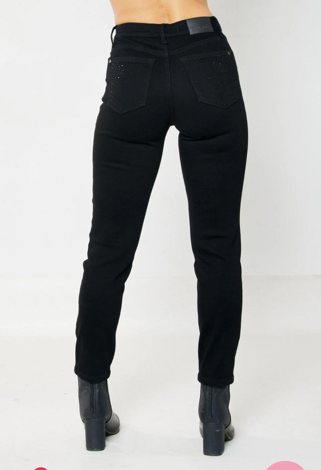 JUDY BLUE HW BLK RHINESTONE EMBELLISHED JEANS back view, trendy women's clothing from Raggdoll Boutique, Port Aransas.