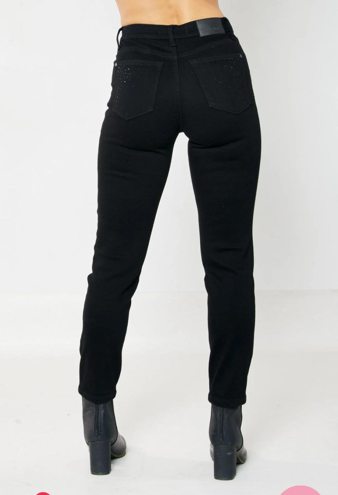 JUDY BLUE HW BLK RHINESTONE EMBELLISHED JEANS back view, trendy women's clothing from Raggdoll Boutique, Port Aransas.