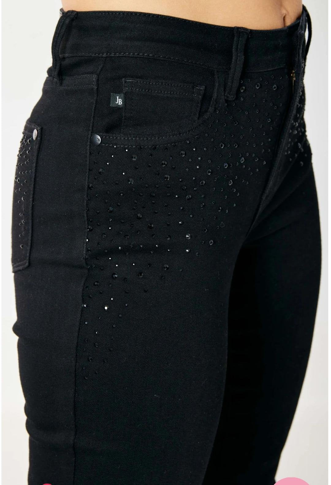 JUDY BLUE HW BLK RHINESTONE EMBELLISHED JEANS with stylish rhinestone detailing, perfect for coastal fashion from Raggdoll Boutique.