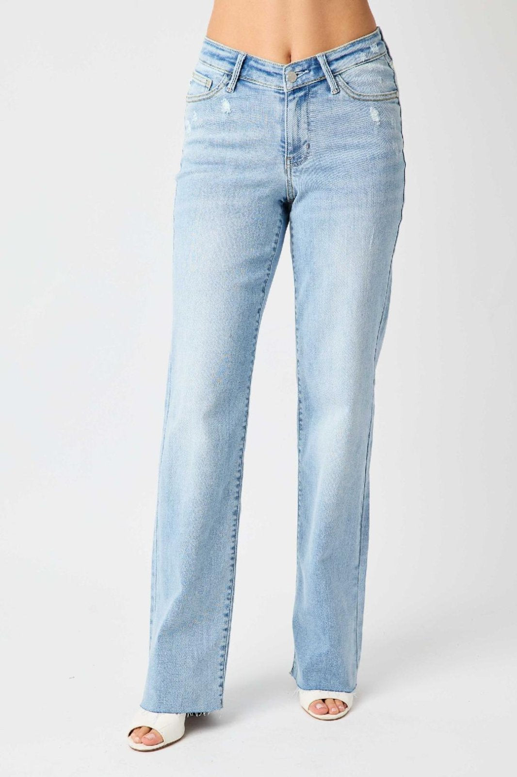 JUDY BLUE HW V FRONT WAISTBAND STRAIGHT FIT (FREY HEM) showcased at Raggdoll Boutique, trendy coastal style for summer outfits Texas.