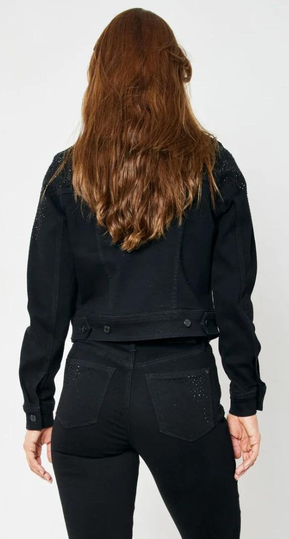Back view of a JUDY BLUE RHINESTONE EMBELLISHED BLK JACKET, perfect for trendy coastal style from Raggdoll Boutique.