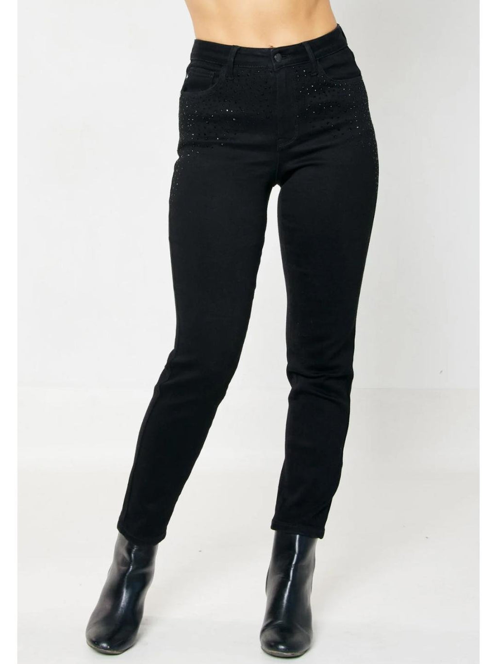 JUDY BLUE HW BLK RHINESTONE EMBELLISHED JEANS styled with black boots from Raggdoll Boutique.
