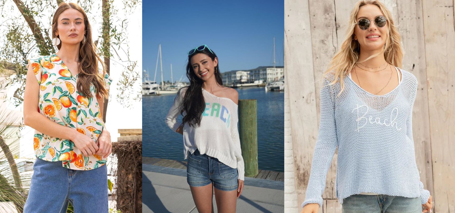 Trendy coastal fashion at Raggdoll Boutique, featuring women’s tops perfect for summer outfits in Port Aransas.