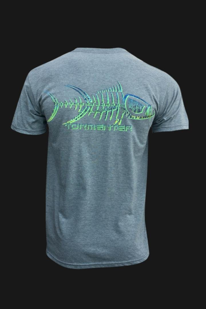 Tormenter Mahi Skin Men's Fishing T-Shirt Gray showing fish bone design on the back, available at Raggdoll Boutique.