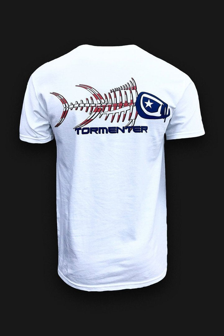 Tormenter Patriot Men's Fishing T-Shirt White displayed with fish bone graphic on back, perfect for summer outfits Texas.