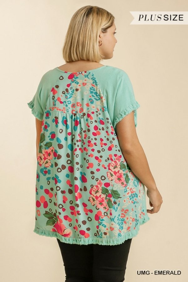 EMERALD TOP WITH MIX PRINT ON BACK, plus size floral animal mixed print back top from Raggdoll Boutique.