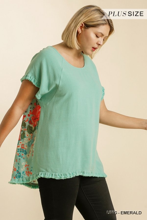 EMERALD TOP WITH MIX PRINT ON BACK showcasing a floral animal print back at Raggdoll Boutique.