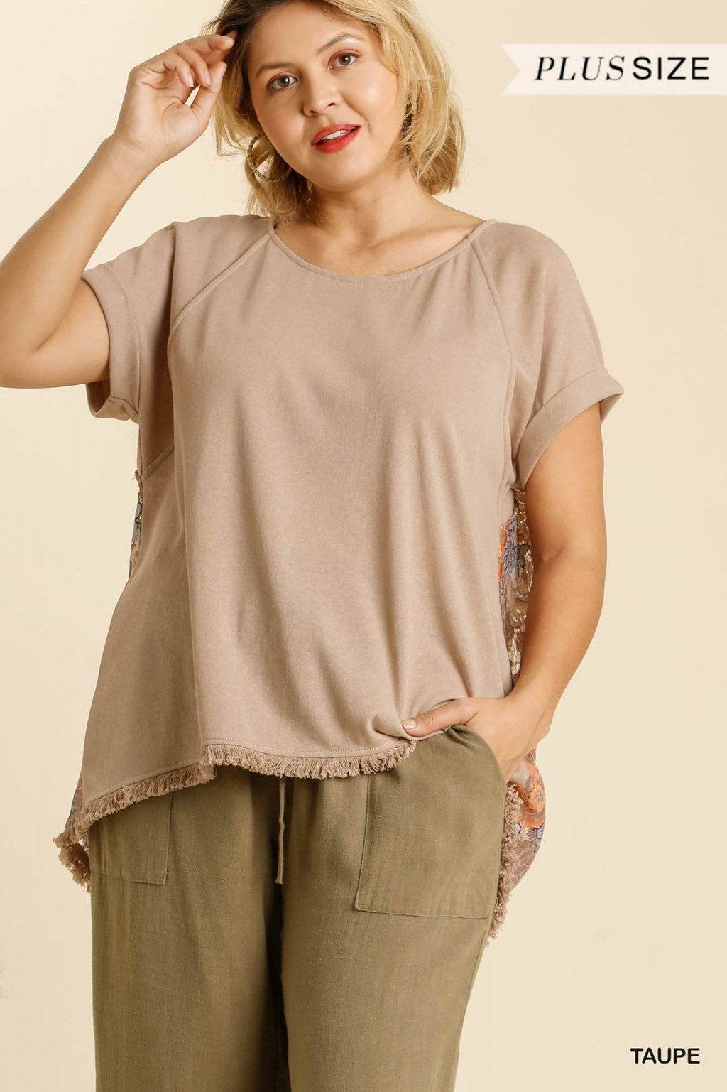 PLUS TAUPE MULTICOLORED FLORAL LACE BACK TOP from Raggdoll Boutique, trendy coastal style in women’s clothing.