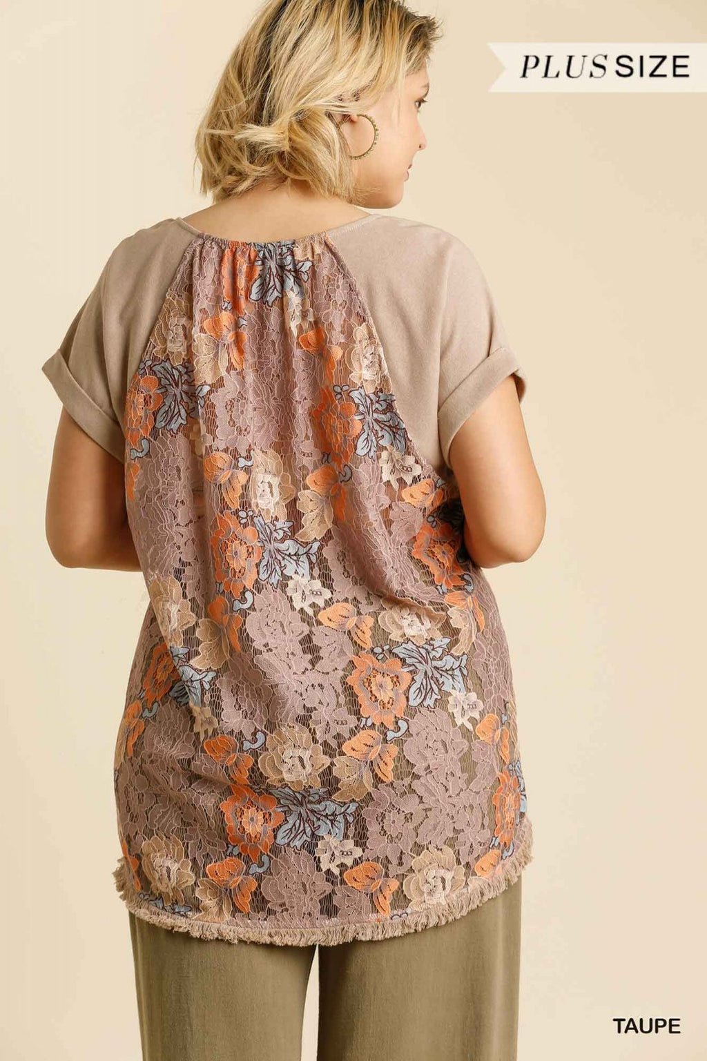 PLUS TAUPE MULTICOLORED FLORAL LACE BACK TOP from Raggdoll Boutique, perfect for trendy coastal style and summer outfits.