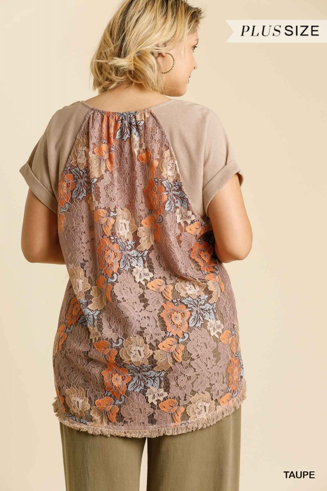 PLUS TAUPE MULTICOLORED FLORAL LACE BACK TOP from Raggdoll Boutique, perfect for trendy coastal style and summer outfits.