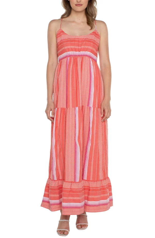 LIVERPOOL CORAL MULTI-STRIPE MAXI dress displayed on a model, perfect for summer outfits Texas and coastal fashion.
