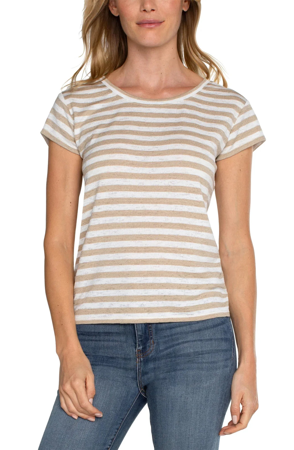 Liverpool Creme/Tan Crew with Back Tie Detail from Raggdoll Boutique, trendy coastal style for summer outfits.