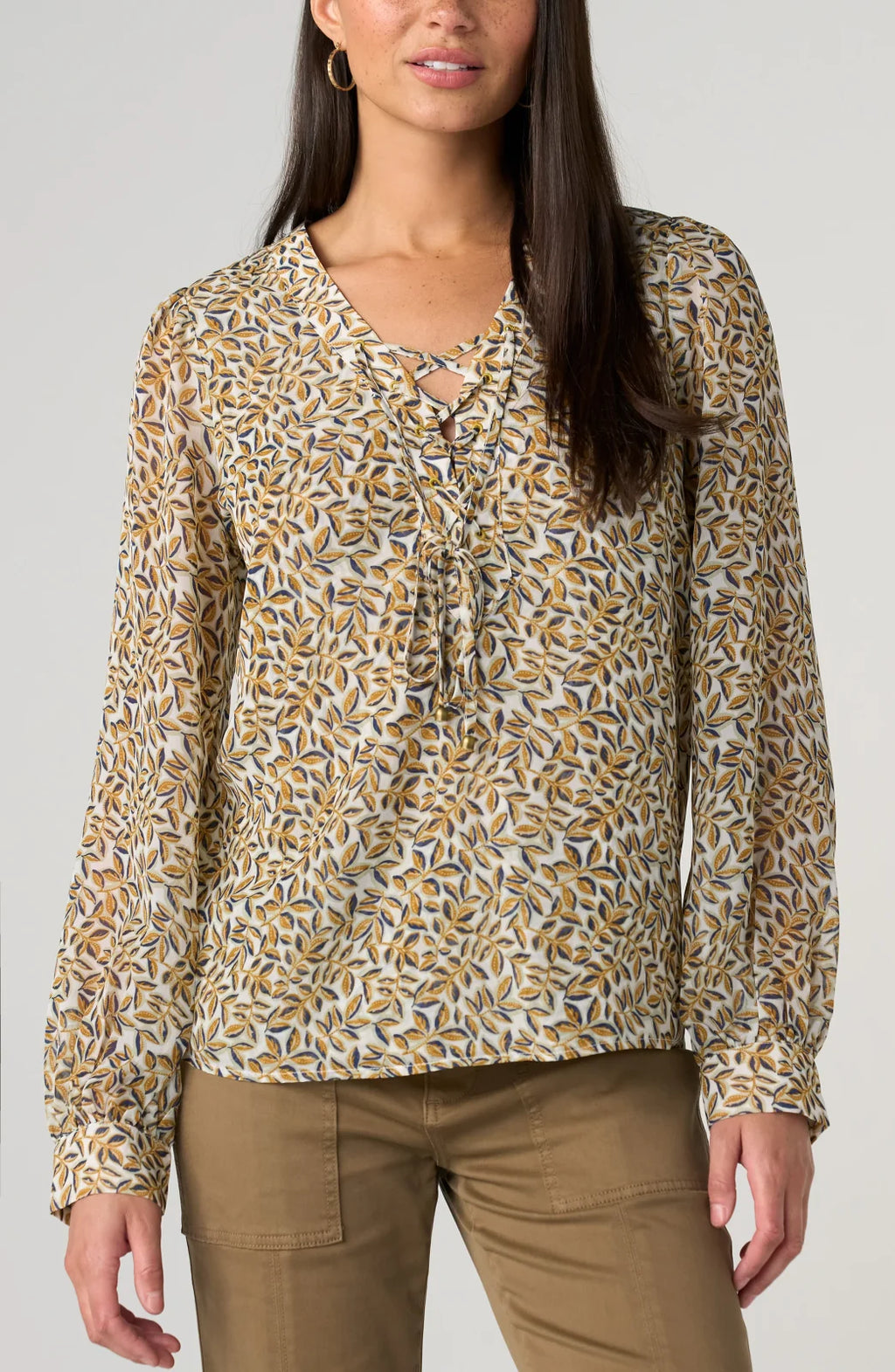 LP -Long Sleeve Lace Up Blouse -Gold Blue Multi
