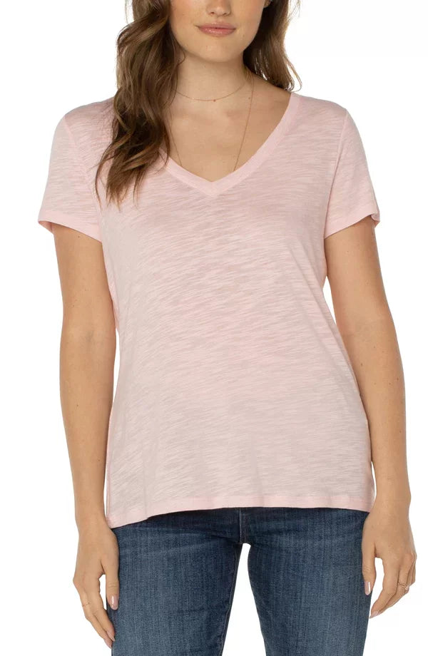 Liverpool Peony Pink V-neck Tee from Raggdoll Boutique, perfect for trendy coastal style and summer outfits Texas.
