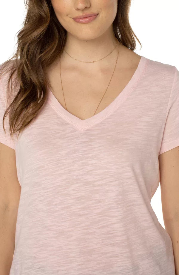 Liverpool Peony Pink V-neck Tee from Raggdoll Boutique, perfect for summer outfits Texas and trendy coastal style.
