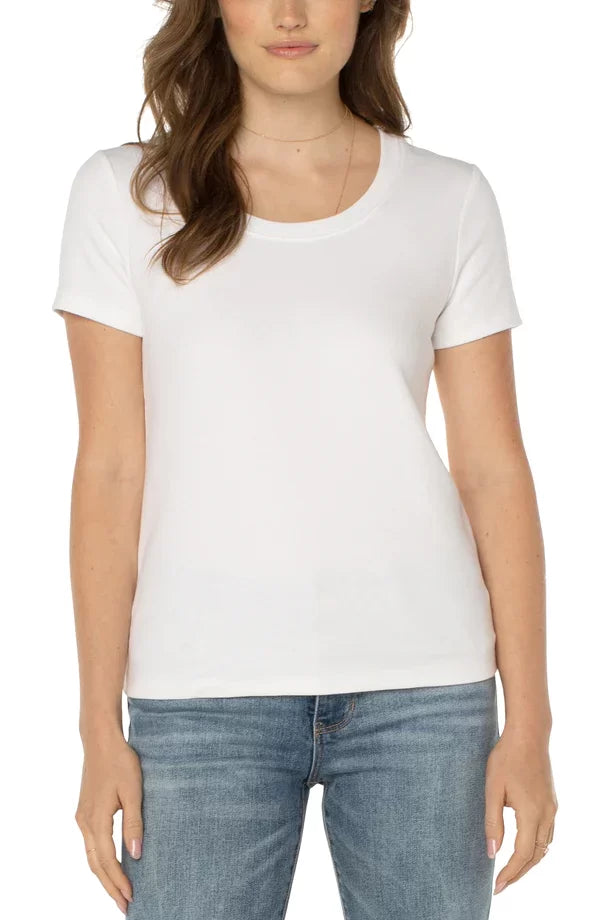 LIVERPOOL SCOOP NECK WHITE TEE model showing trendy coastal style at Raggdoll Boutique, perfect for summer outfits Texas.