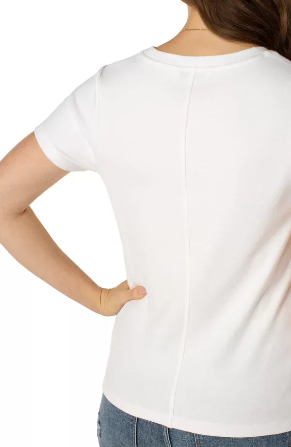 Back view of LIVERPOOL SCOOP NECK WHITE TEE, a trendy coastal style top from Raggdoll Boutique.