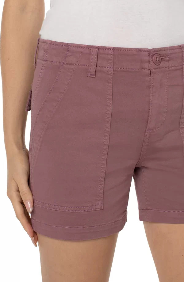 LIVERPOOL VICTORIAN MAUVE UTILITY SHORT displayed with a set-in waistband, perfect for trendy coastal style from Raggdoll Boutique.