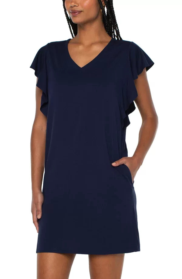 LIVERPOOL COSMIC NAVY FLUTTER SLEEVE DRESS available at Raggdoll Boutique, perfect for summer outfits Texas.