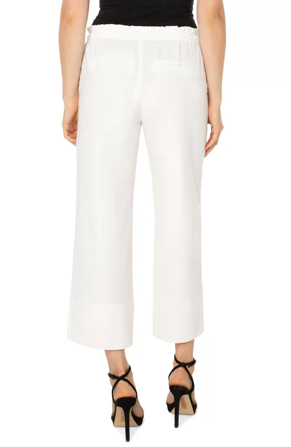 Back view of LIVERPOOL WHITE TIE WAIST PANTS with slant front pockets, styled for trendy coastal fashion.
