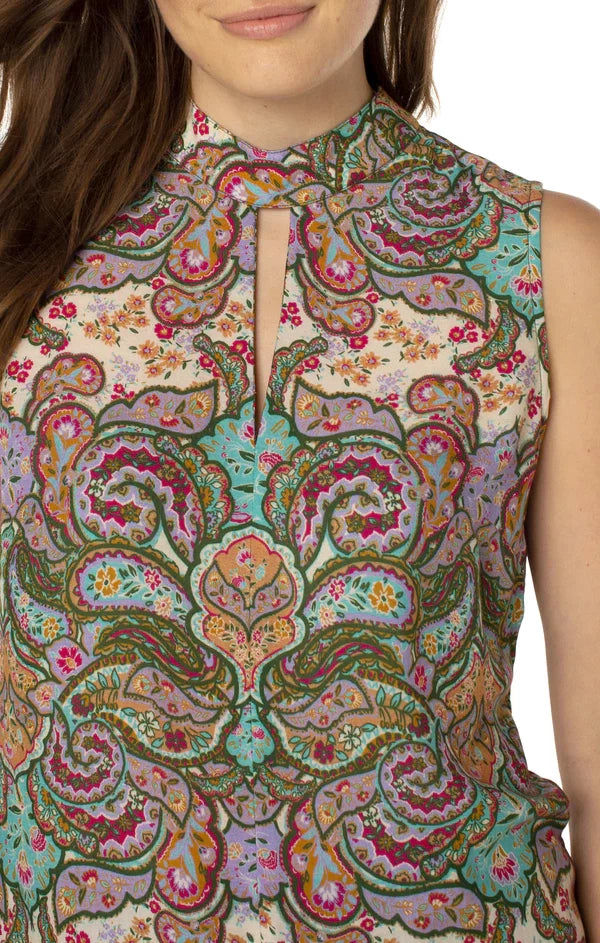 LIVERPOOL PAISELY BORDER PRINT SLEEVELESS TOP featuring a vibrant paisley design, perfect for coastal fashion.