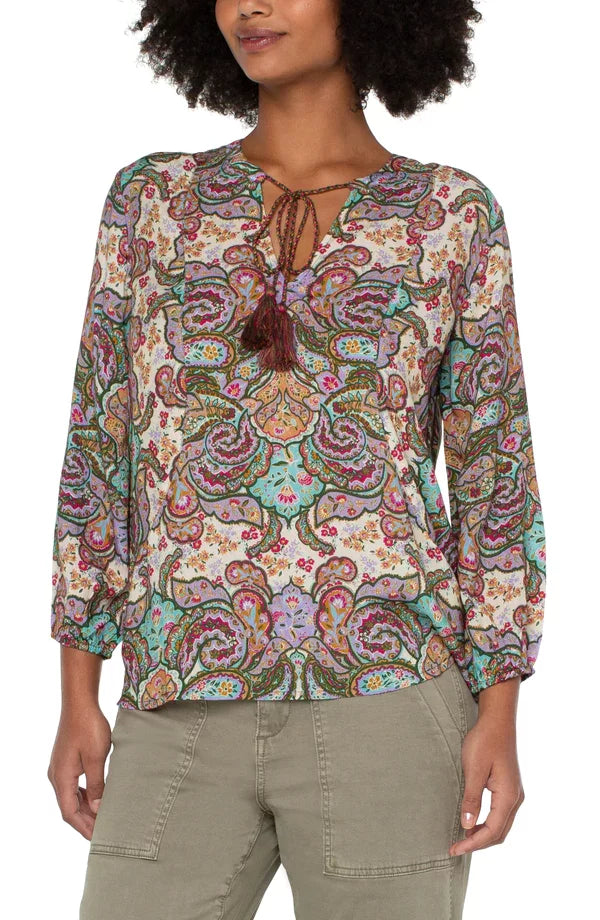 LIVERPOOL SPRING BORDER TOP featuring bell sleeves and neck tie, perfect for summer outfits Texas from Raggdoll Boutique.