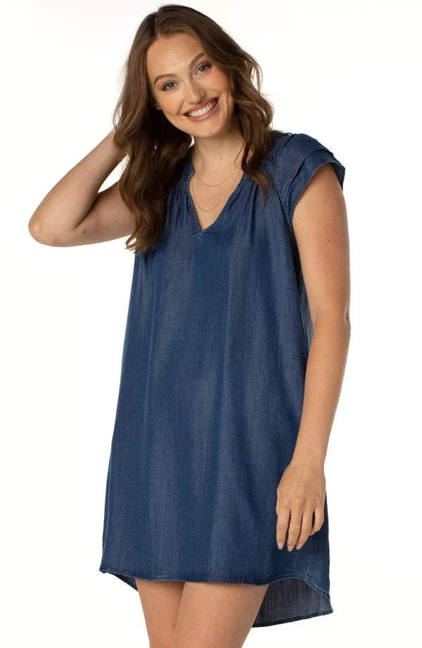 LIVERPOOL VAN NUYS DENIM DRESS model showcasing trendy coastal style from Raggdoll Boutique.