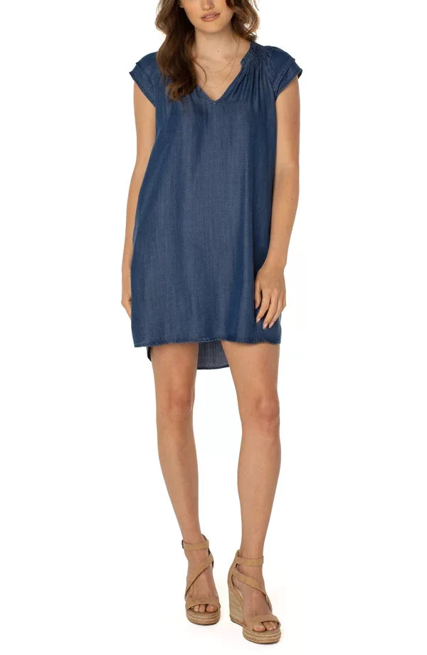 LIVERPOOL VAN NUYS DENIM DRESS displayed on a model, showcasing trendy coastal style from Raggdoll Boutique.