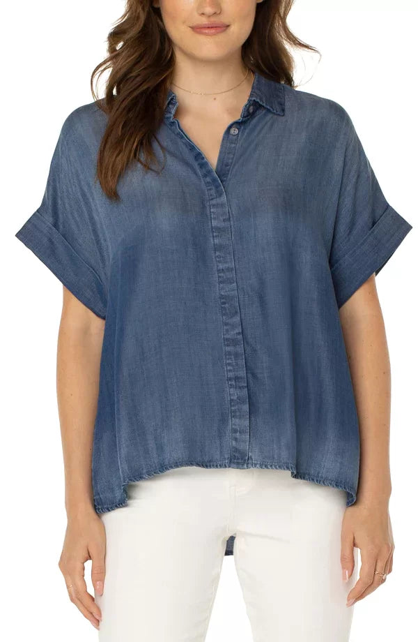 LIVERPOOL DENIM CAMP SHIRT at Raggdoll Boutique showcasing trendy coastal style, perfect for summer outfits Texas.