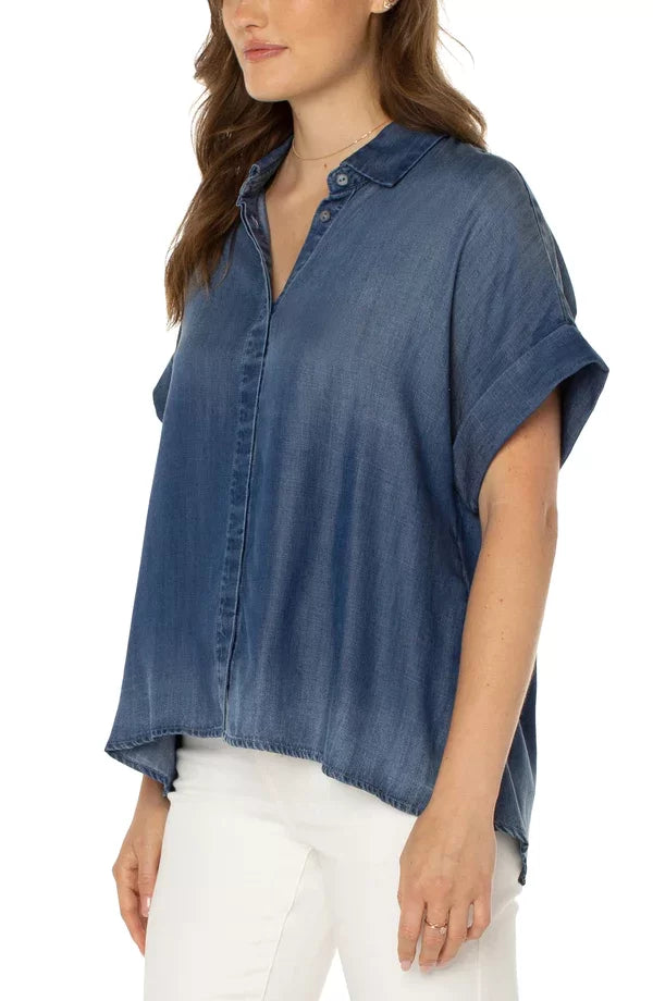 LIVERPOOL DENIM CAMP SHIRT in denim blue displayed on model, perfect for trendy coastal style from Raggdoll Boutique.