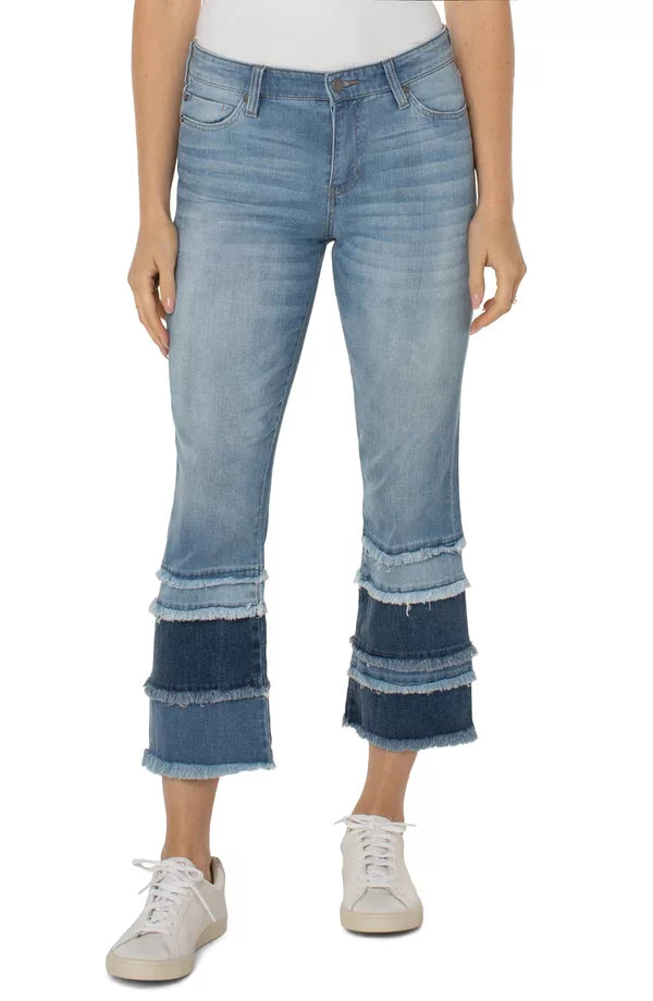 LIVERPOOL HANNAH CROP FLARE featuring a mid-rise style with five-pocket detail from Raggdoll Boutique.