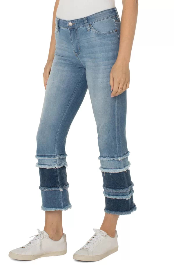 LIVERPOOL HANNAH CROP FLARE showcased with a trendy coastal style in blue, perfect for summer outfits Texas from Raggdoll Boutique.