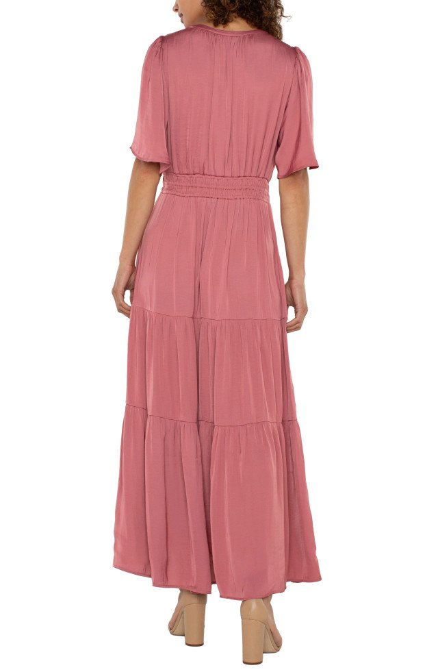 Liverpool Satin Rose Midi Dress worn from the back, ideal for summer outfits Texas from Raggdoll Boutique.