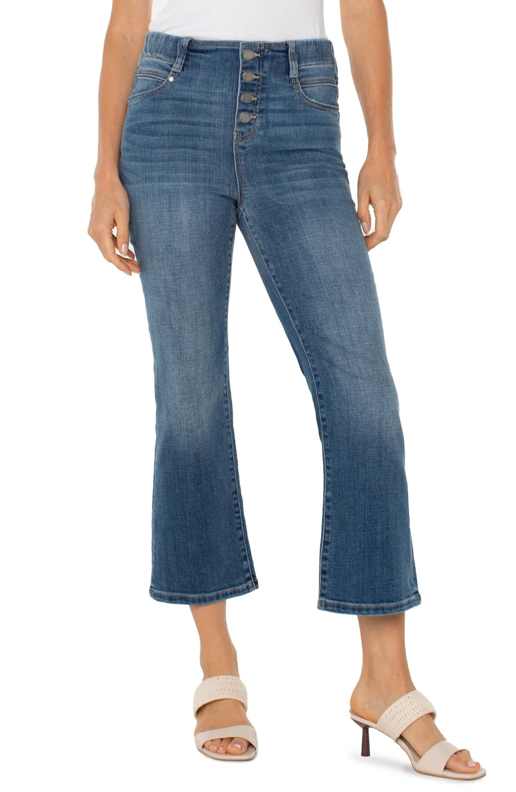 Liverpool Gia Crop Flare Jeans in mid-rise style, perfect for curvy women's fashion at a Port Aransas boutique.