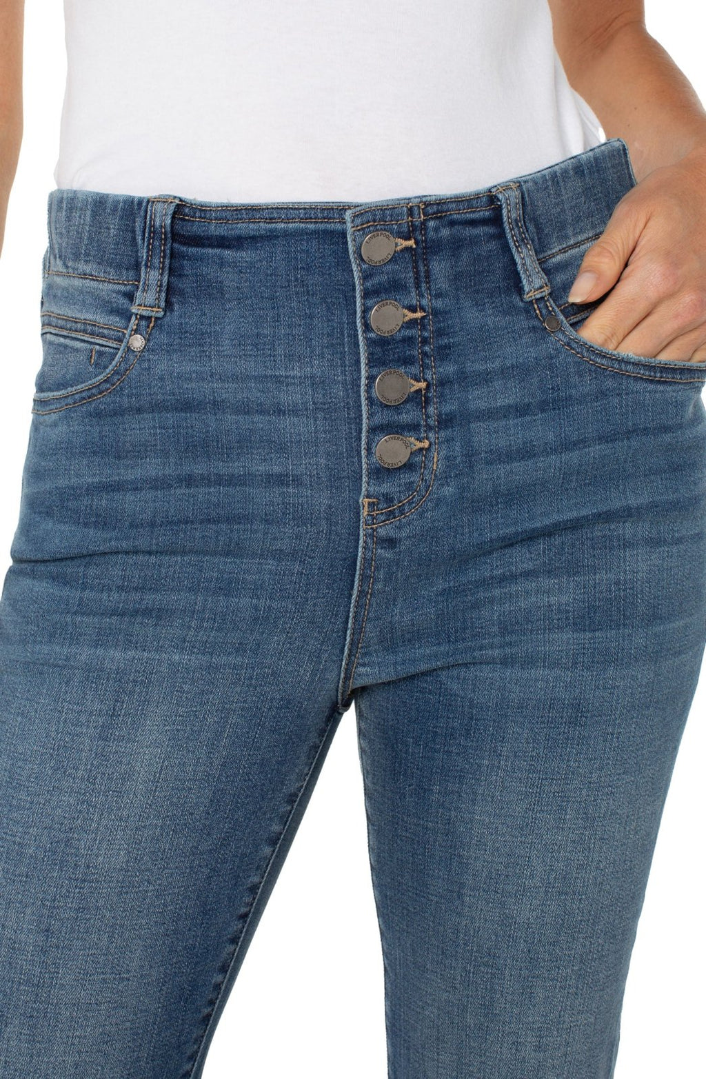 Liverpool Gia Crop Flare Jeans close-up showing flattering buttoned high-rise design, perfect for coastal boutique clothing outfits.