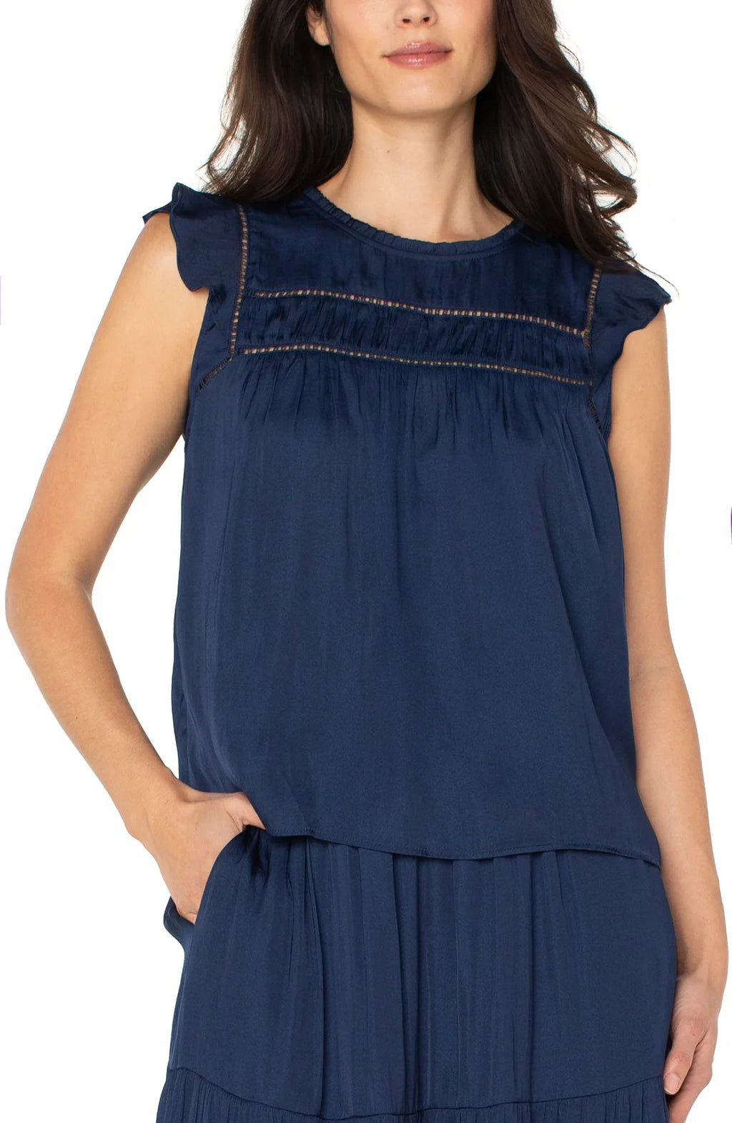 Stylish Liverpool flutter sleeve woven top in dark navy, perfect for coastal boutique clothing and tropical vacations.