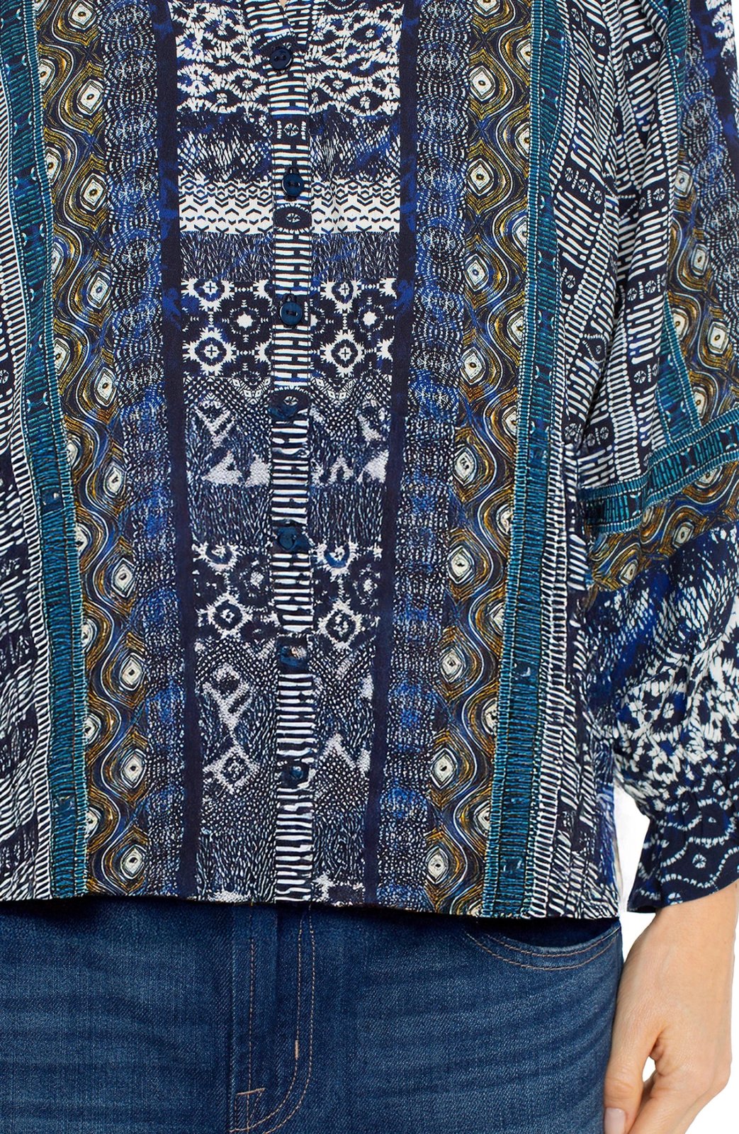 Liverpool 3/4 Sleeve Button Front Woven Blouse- Blue Shibori featuring intricate patterns and button front design.