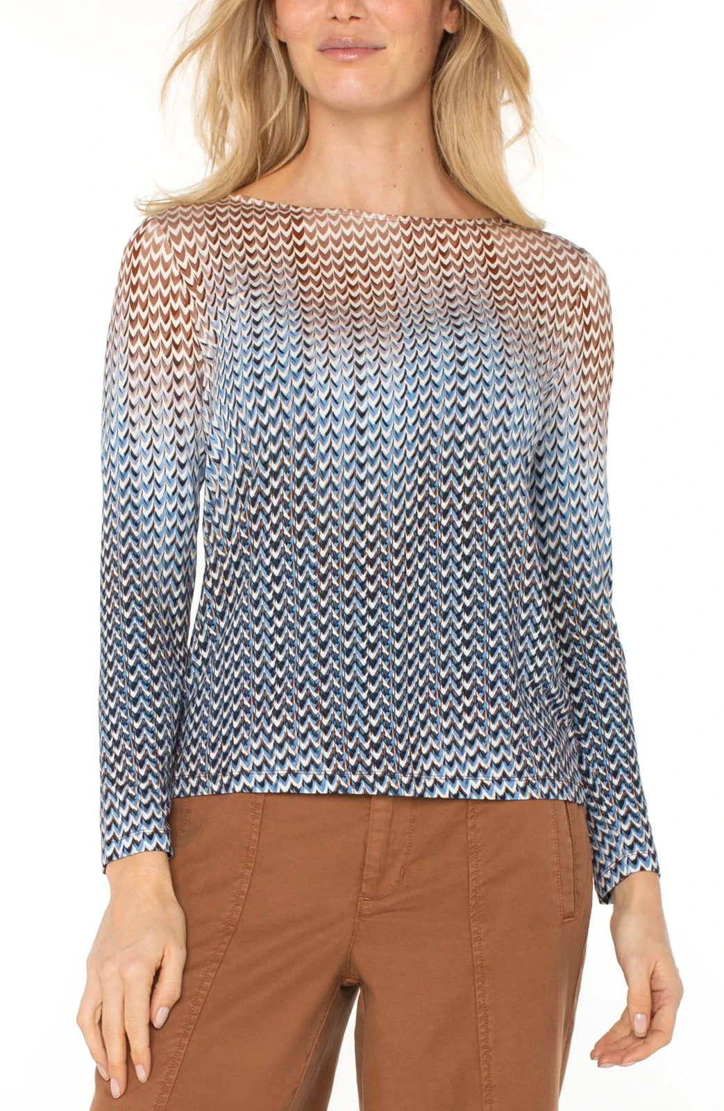 Blue/Tan Boatneck Knit Top